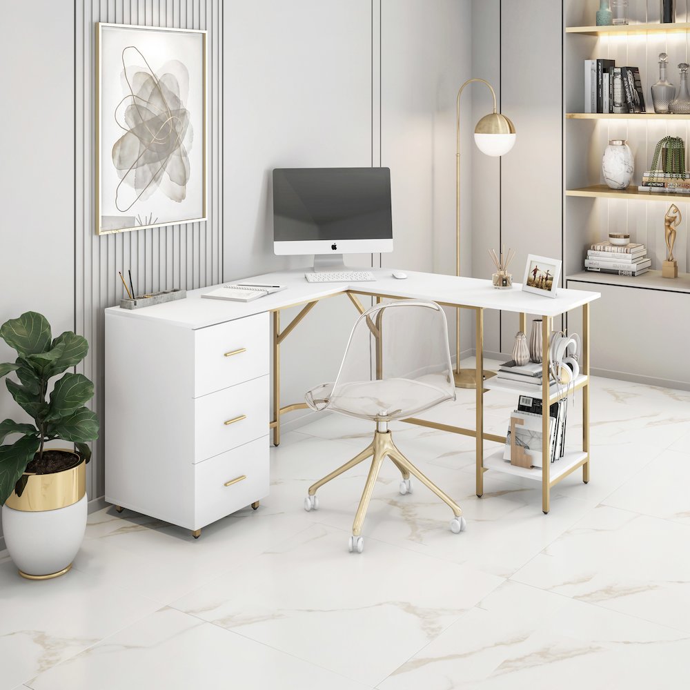 Techni Mobili L-Shape Home Office Two-Tone Desk with Storage