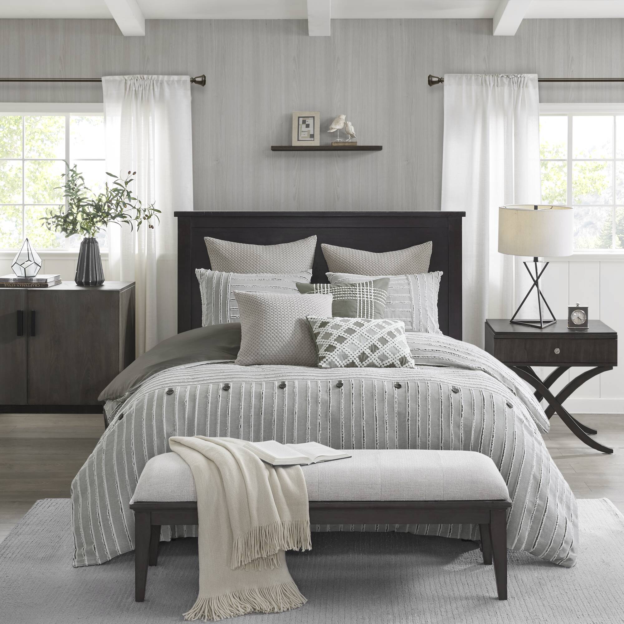 Essence Oversized Cotton Clipped Jacquard Comforter Set with Euro Shams and Throw Pillows