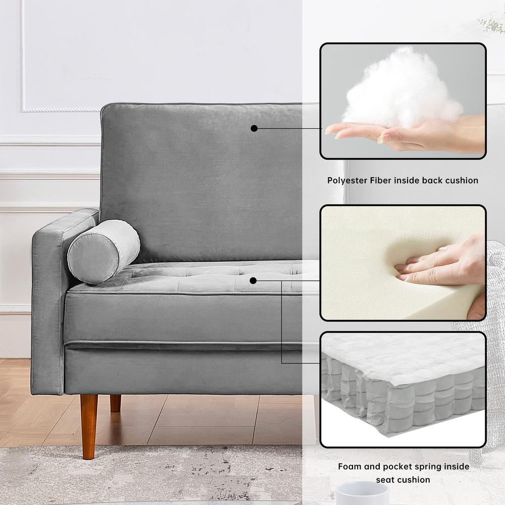 69 Inch Wide Upholstered Two Cushion Sofa with Bolster Pillows in Grey Velvet