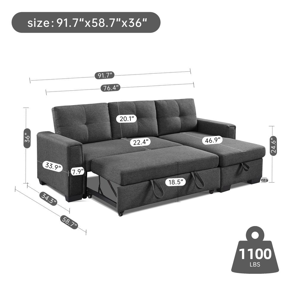 Tufted Sectional Chaise Sofa Sleeper with Storage in Dark Grey