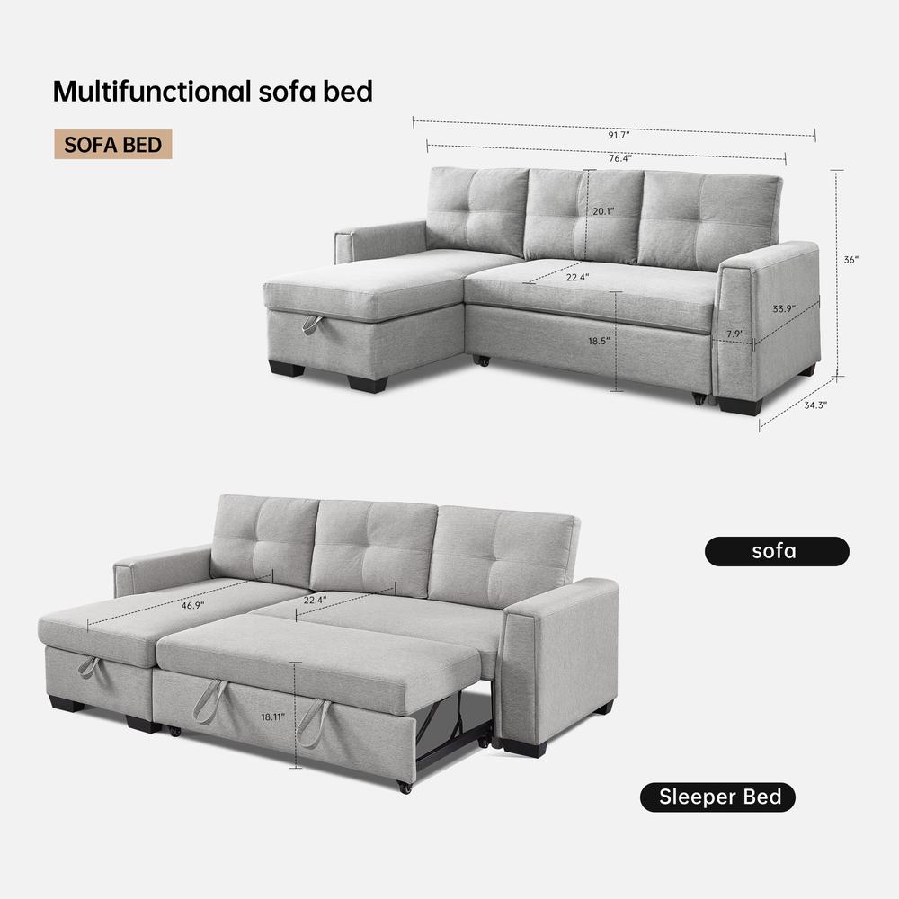 Tufted Sectional Chaise Sofa Sleeper with Storage in Light Grey
