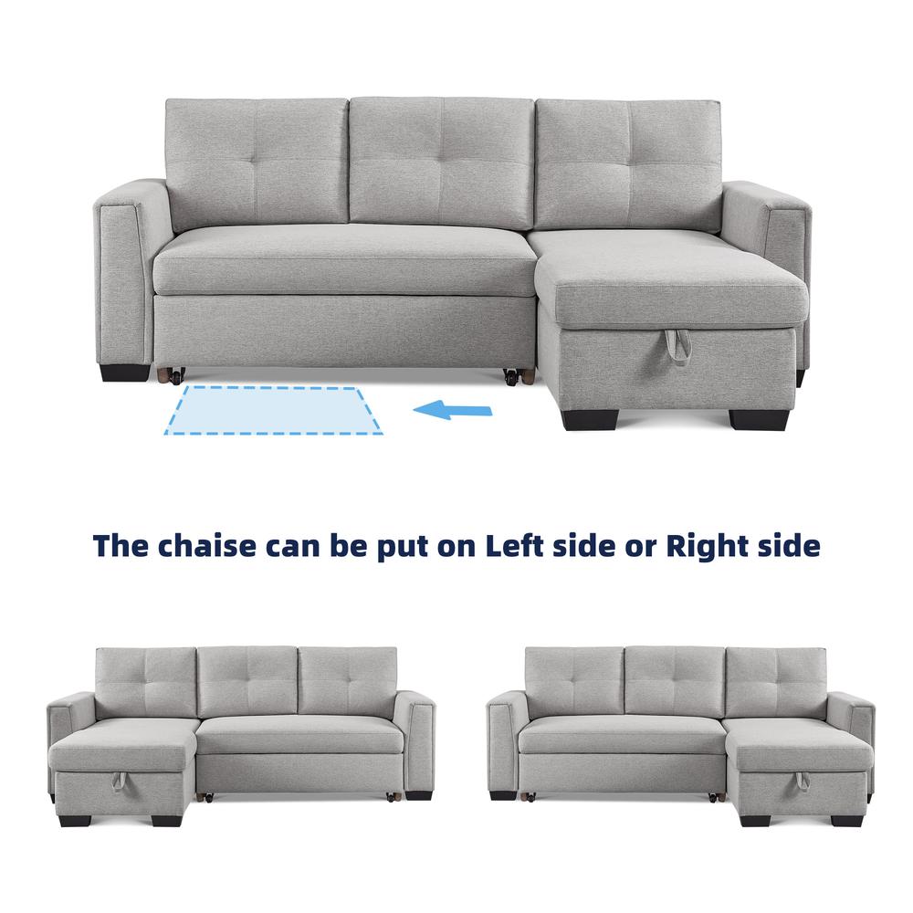 Tufted Sectional Chaise Sofa Sleeper with Storage in Light Grey
