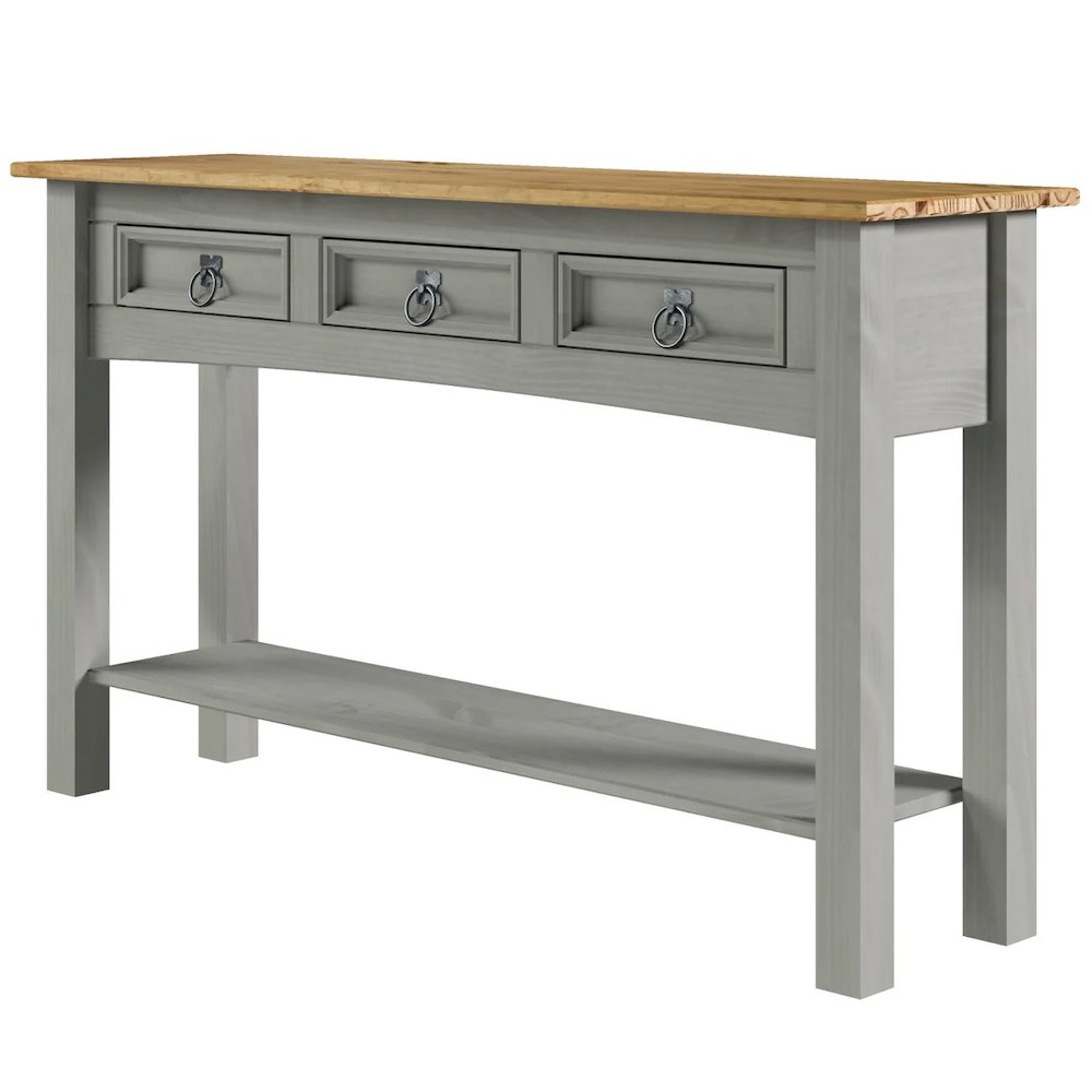 Wood Three Drawer Hall Table Console in Corona Gray