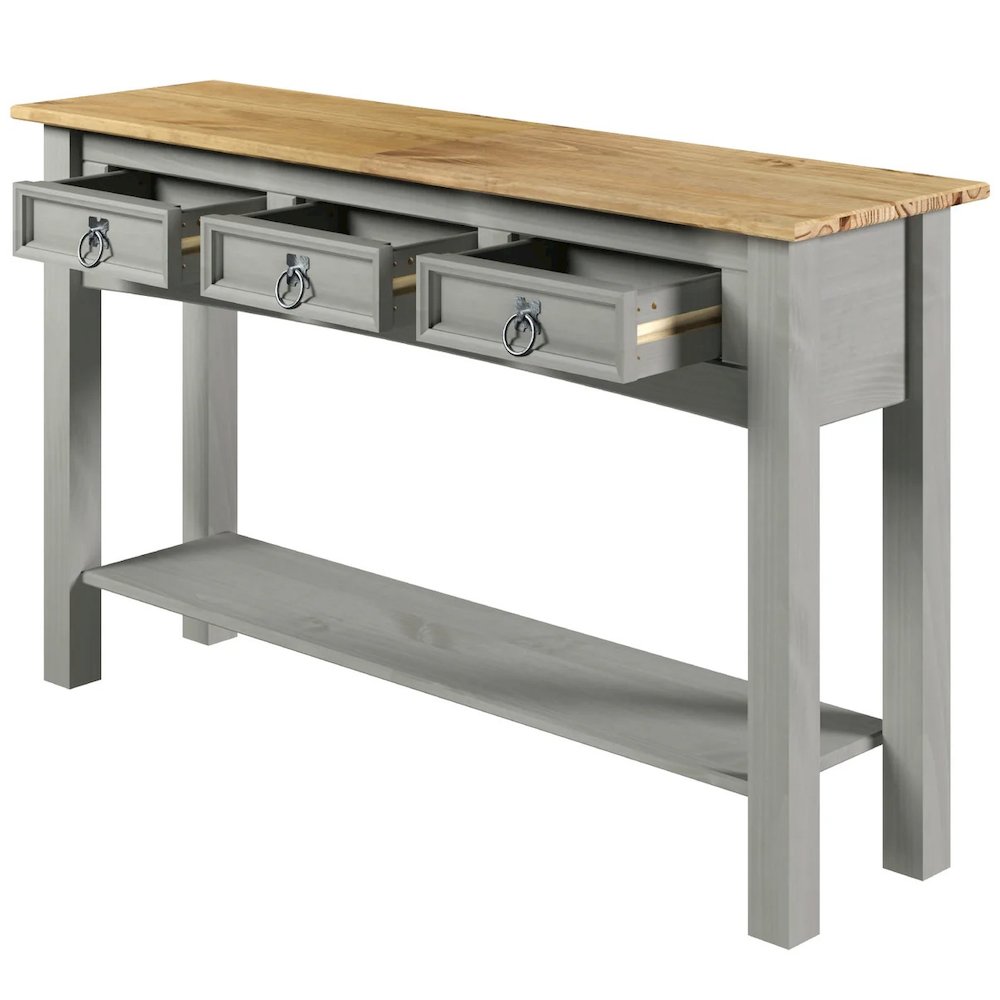 Wood Three Drawer Hall Table Console in Corona Gray