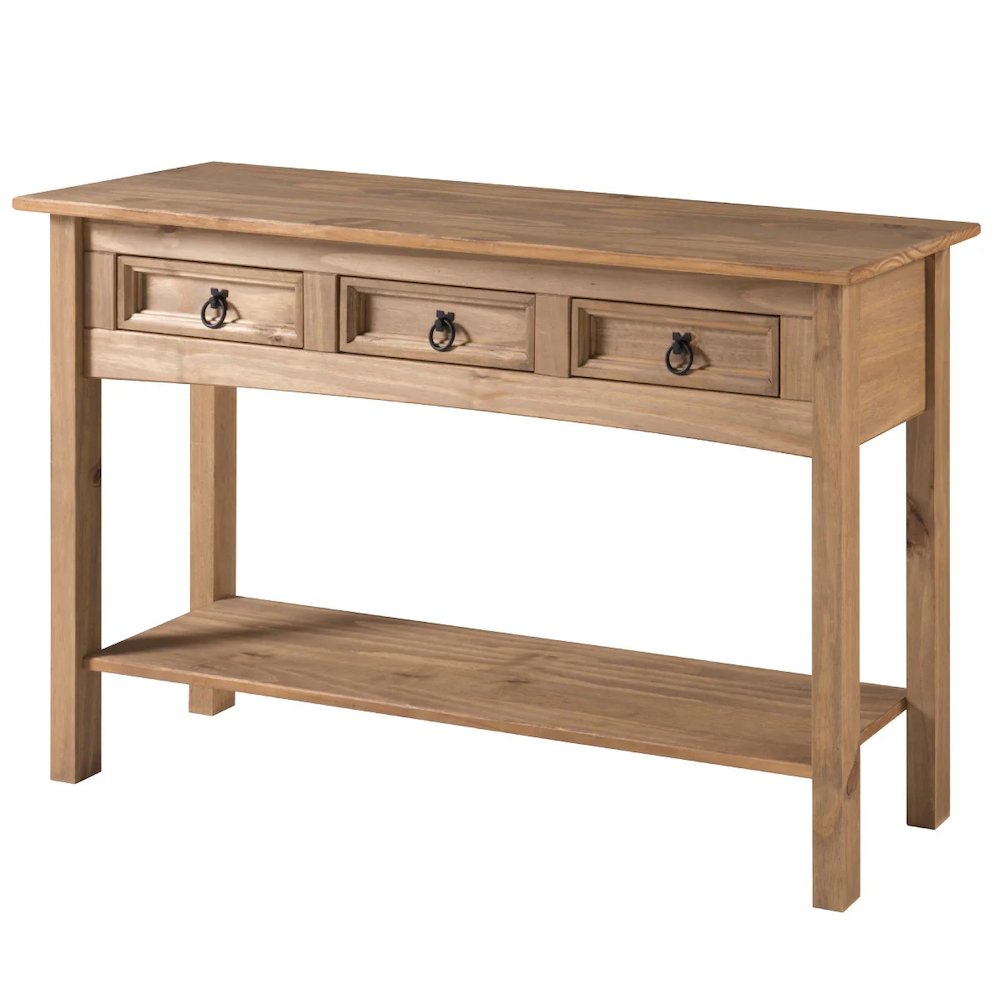 Wood Three Drawer Hall Table Console in Corona Brown