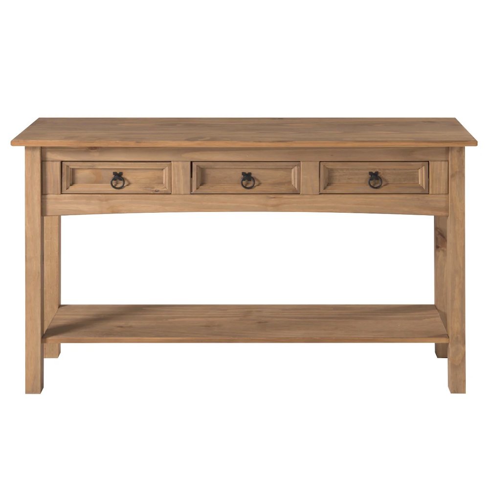 Wood Three Drawer Hall Table Console in Corona Brown