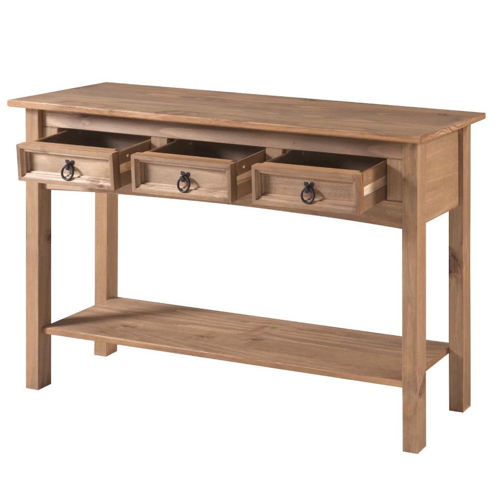 Wood Three Drawer Hall Table Console in Corona Brown