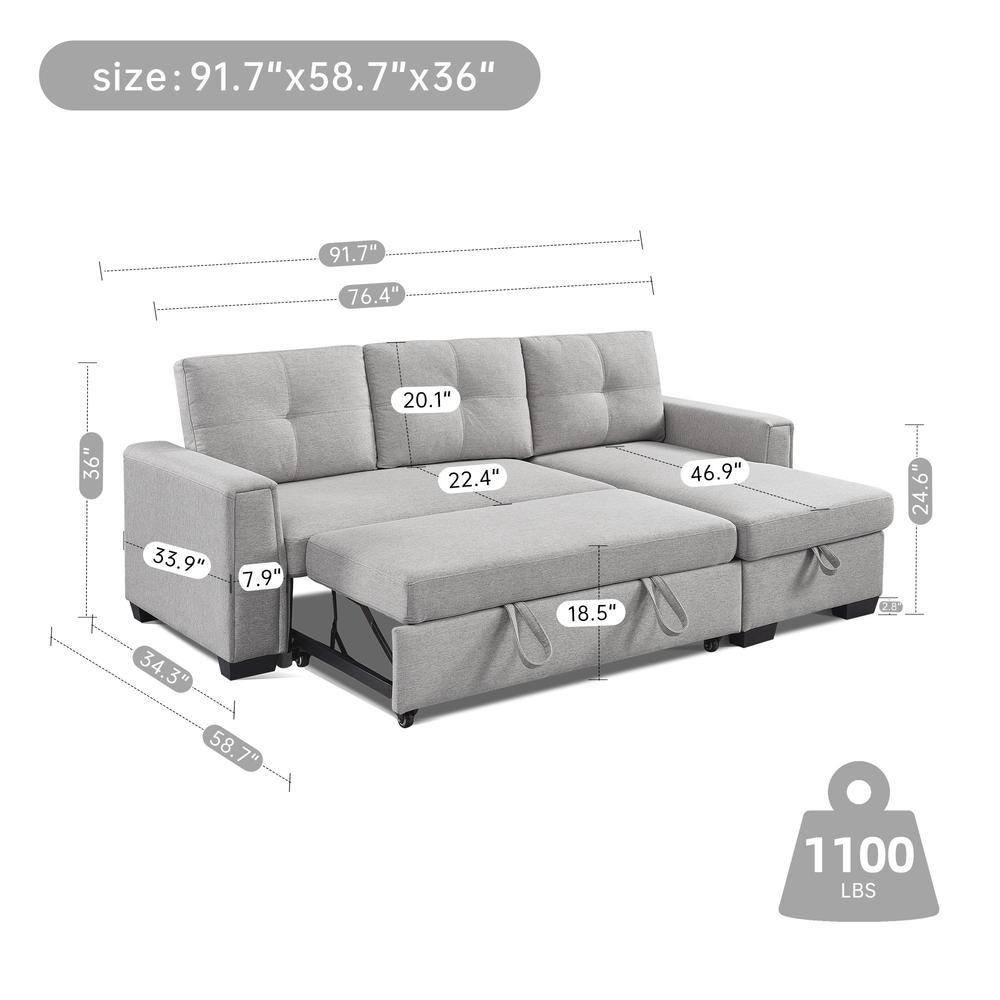 Tufted Sectional Chaise Sofa Sleeper with Storage in Light Grey