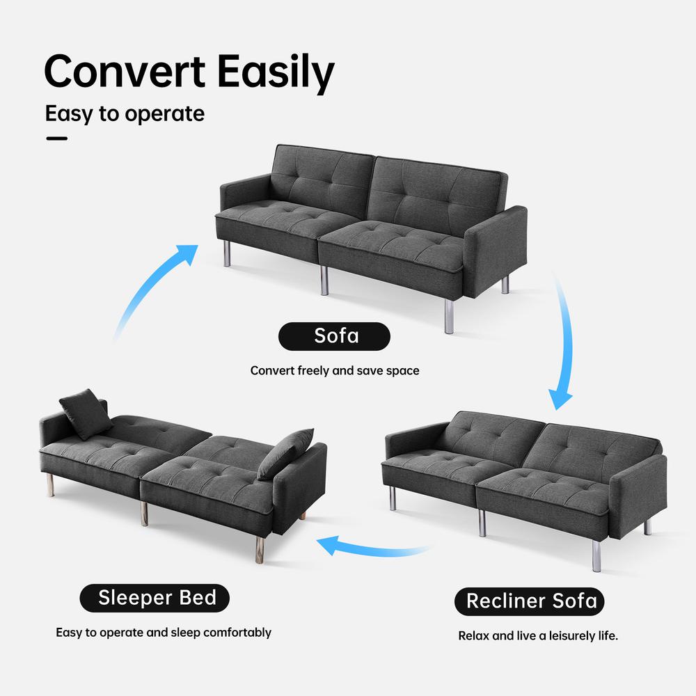 Tufted Futon Convertible Sofa Sleeper with Two Throw Pillows