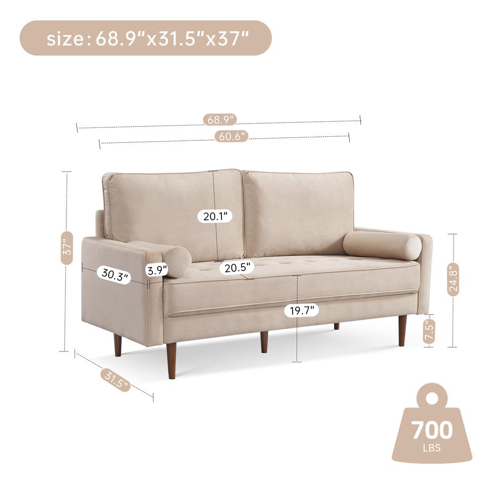 69 Inch Wide Upholstered Two Cushion Sofa with Bolster Pillows