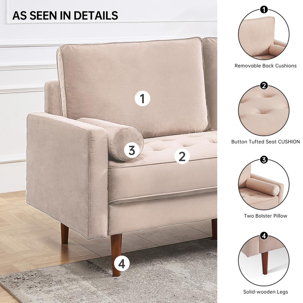 69 Inch Wide Upholstered Two Cushion Sofa with Bolster Pillows