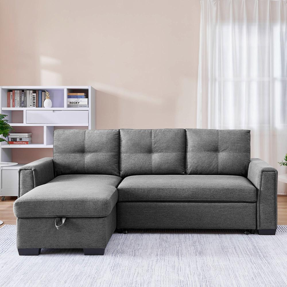Tufted Sectional Chaise Sofa Sleeper with Storage in Dark Grey