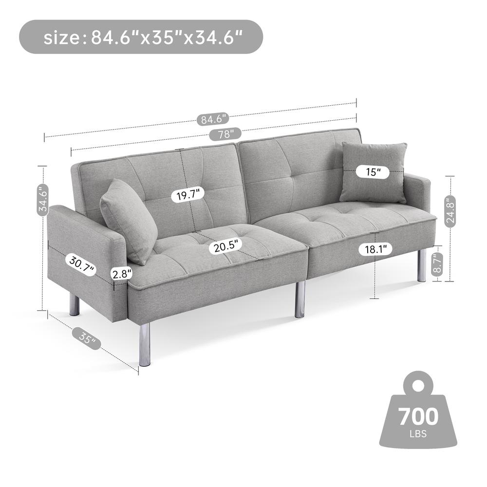 Tufted Futon Convertible Sofa Sleeper with Two Throw Pillows