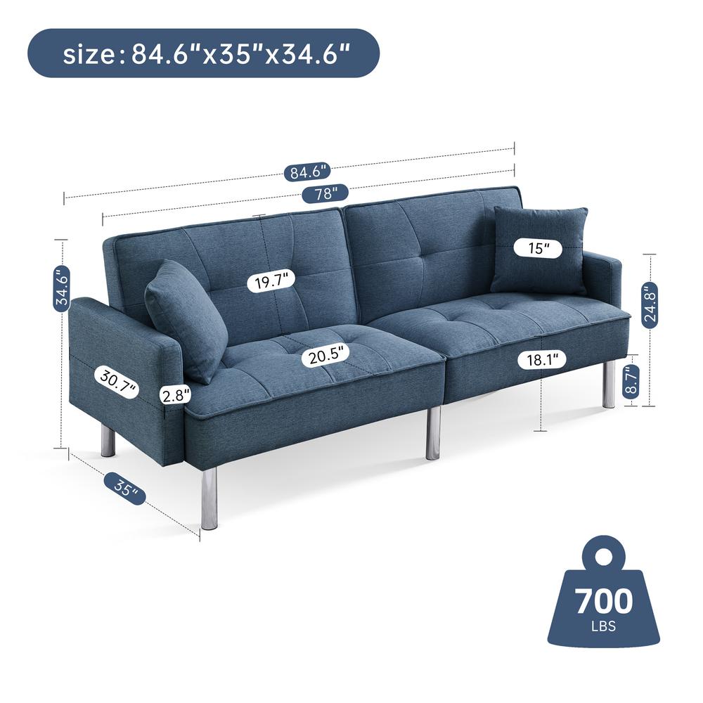 Tufted Futon Convertible Sofa Sleeper with Two Throw Pillows