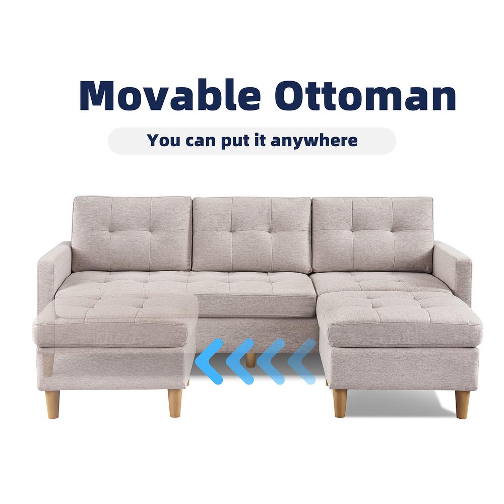 Two Piece Upholstered Tufted L Shaped Sectional with Ottoman in Beige