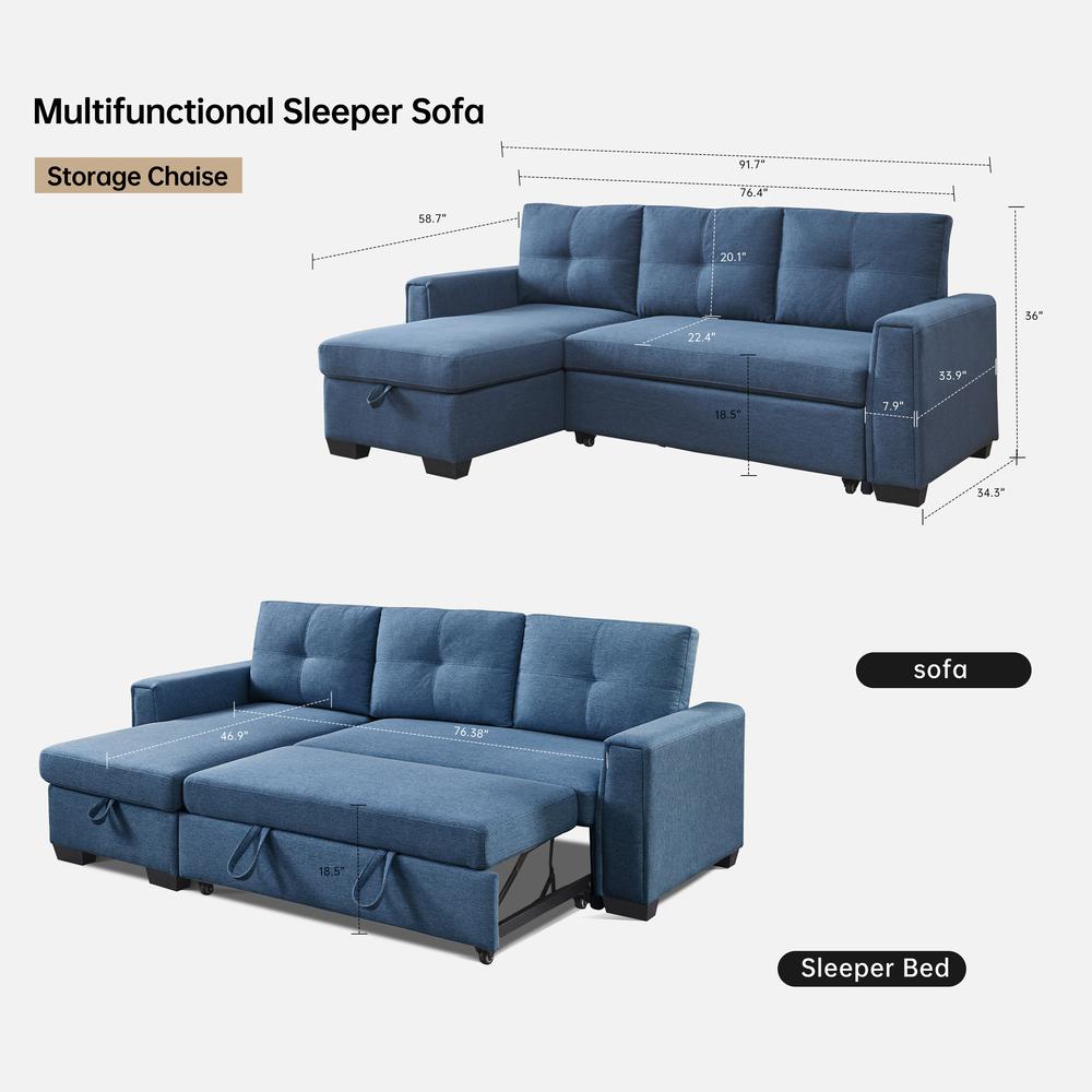 Tufted Sectional Chaise Sofa Sleeper with Storage in Blue