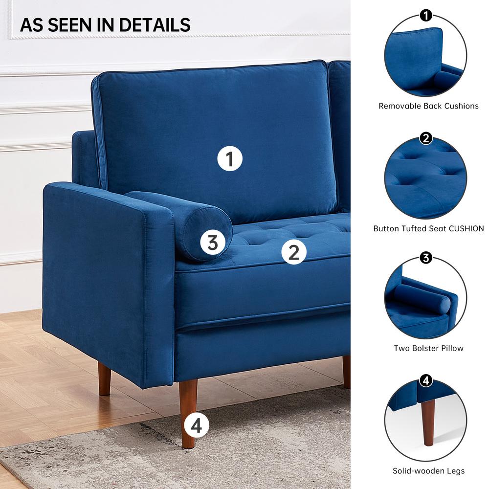 69 Inch Wide Upholstered Two Cushion Sofa with Bolster Pillows
