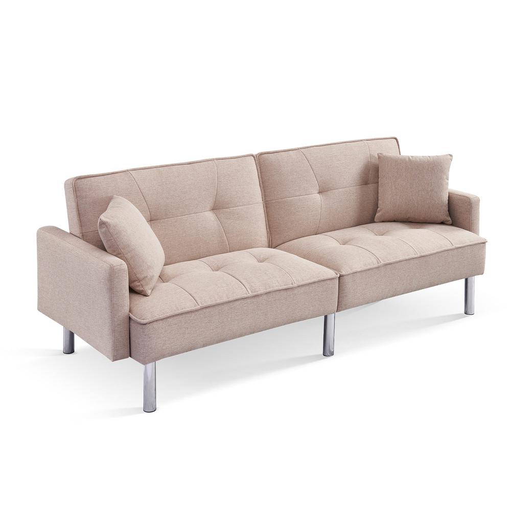 Tufted Futon Convertible Sofa Sleeper with Two Throw Pillows
