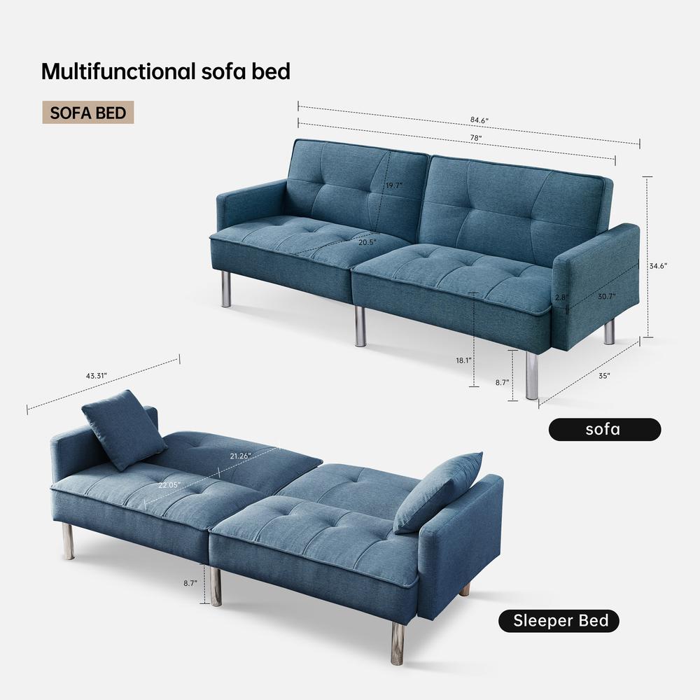 Tufted Futon Convertible Sofa Sleeper with Two Throw Pillows