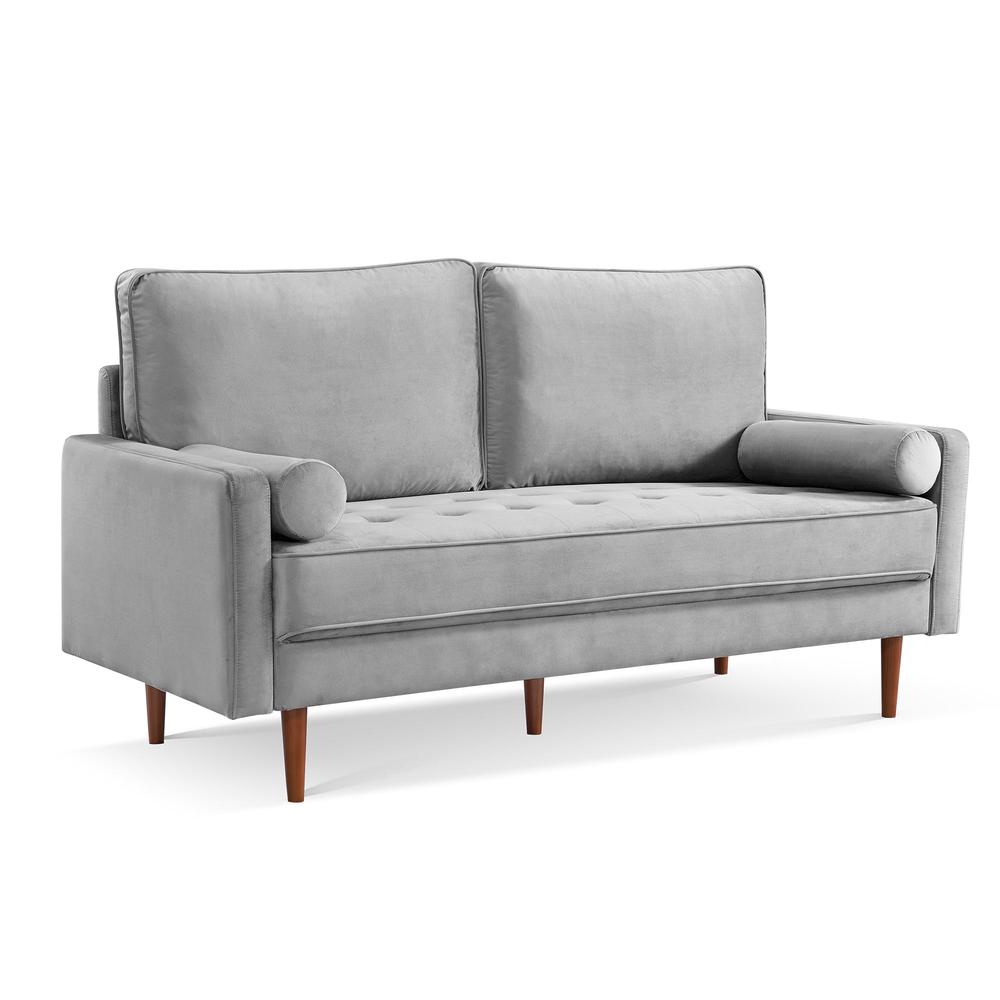 69 Inch Wide Upholstered Two Cushion Sofa with Bolster Pillows in Grey Velvet