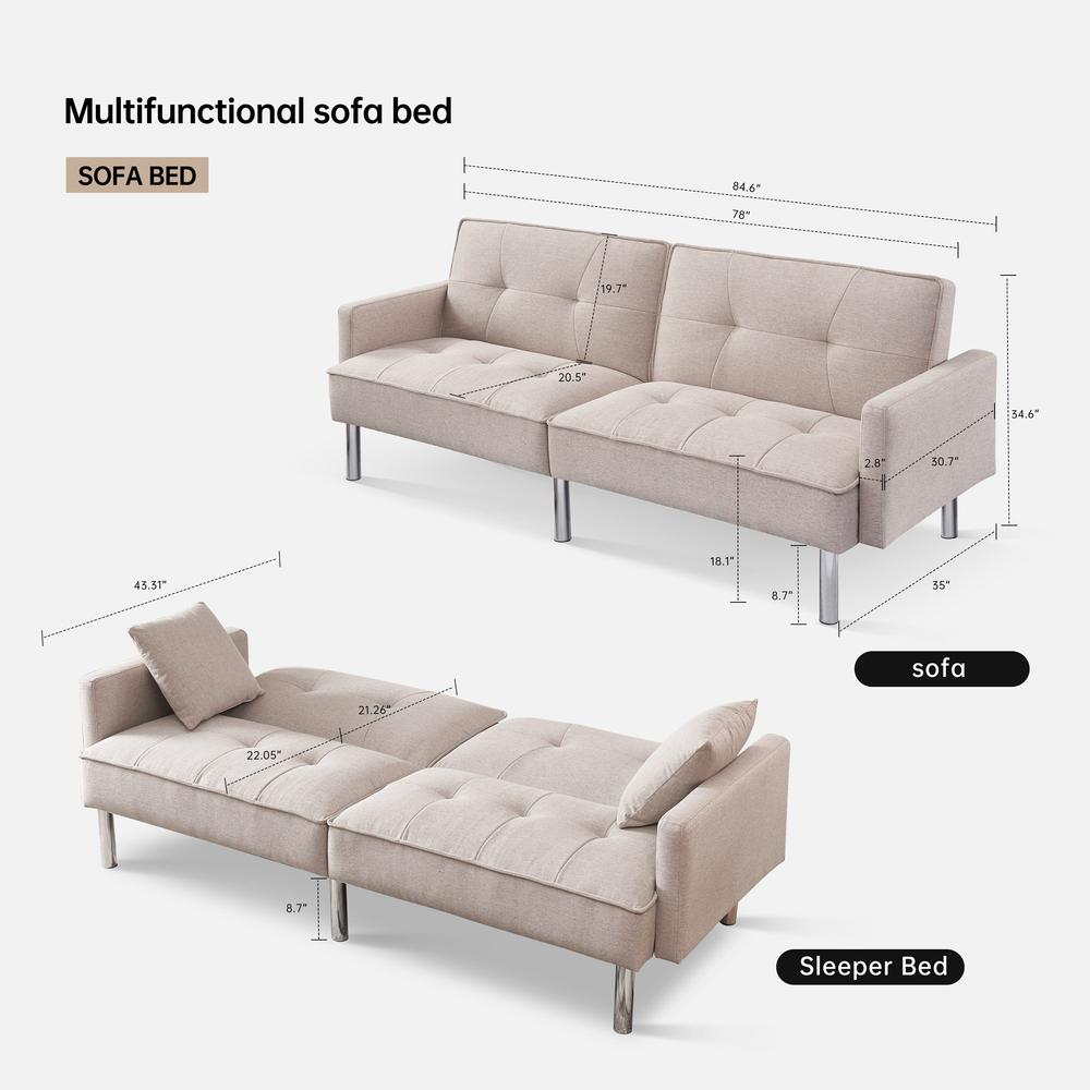 Tufted Futon Convertible Sofa Sleeper with Two Throw Pillows