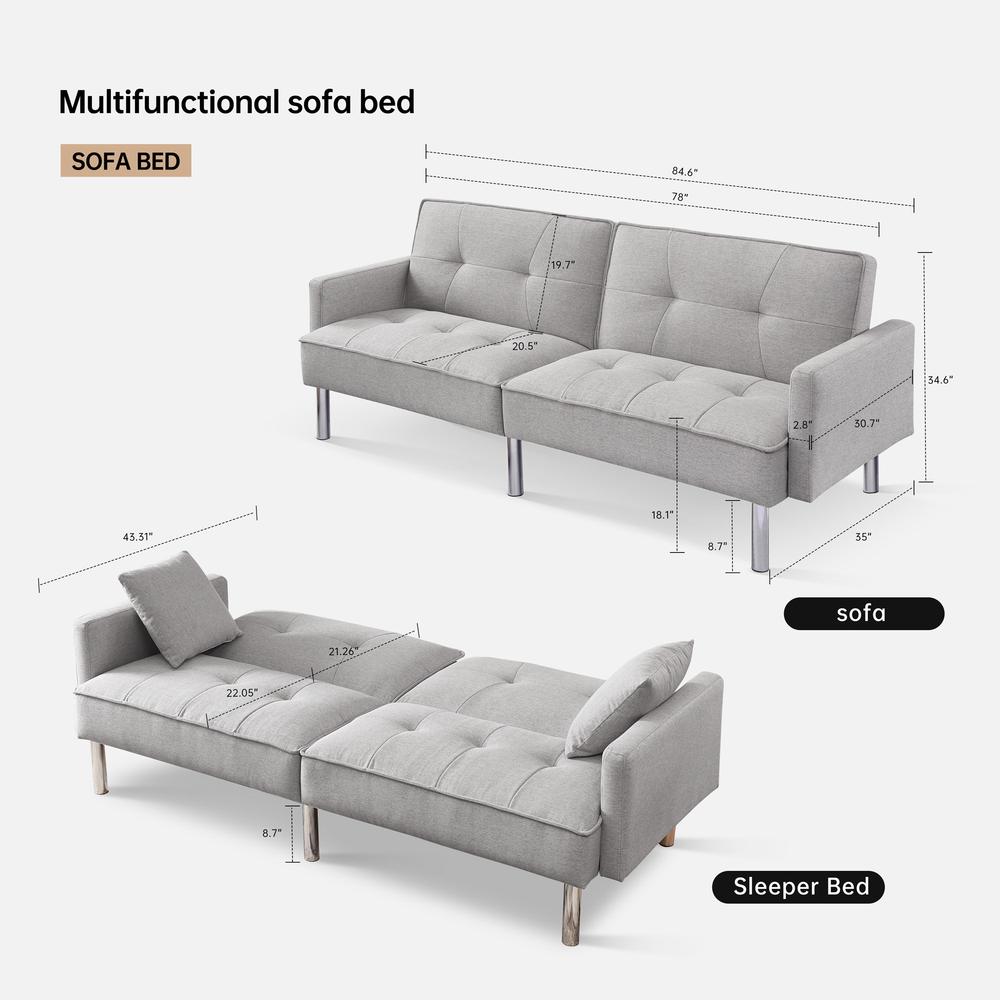 Tufted Futon Convertible Sofa Sleeper with Two Throw Pillows