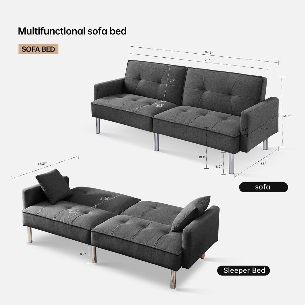 Tufted Futon Convertible Sofa Sleeper with Two Throw Pillows