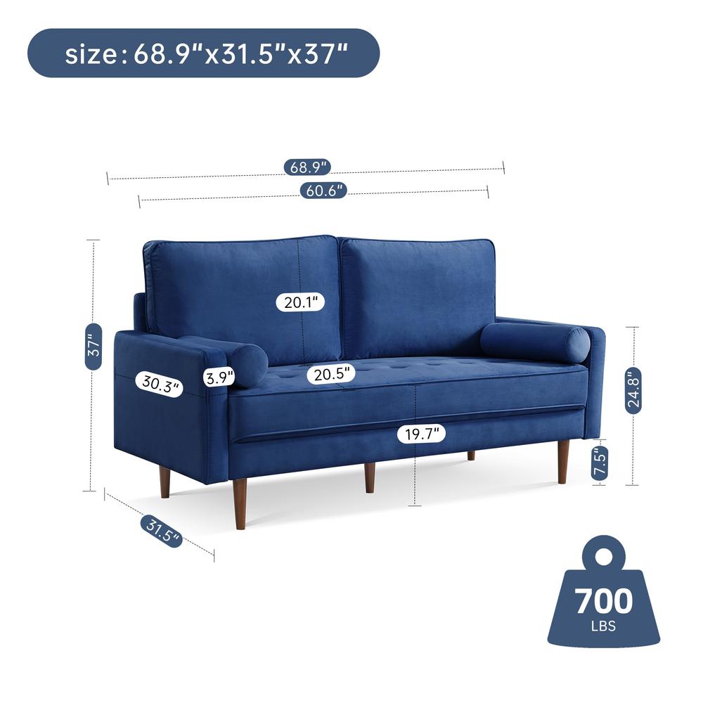 69 Inch Wide Upholstered Two Cushion Sofa with Bolster Pillows