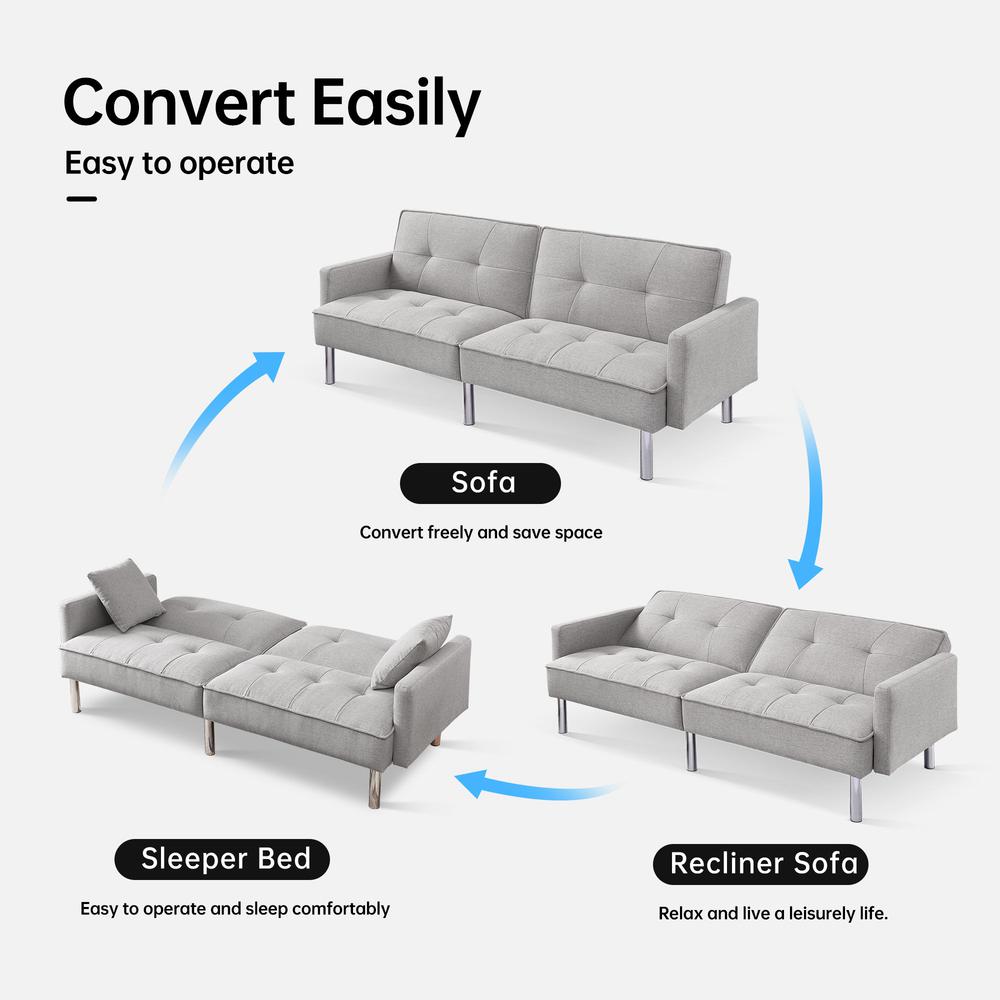 Tufted Futon Convertible Sofa Sleeper with Two Throw Pillows