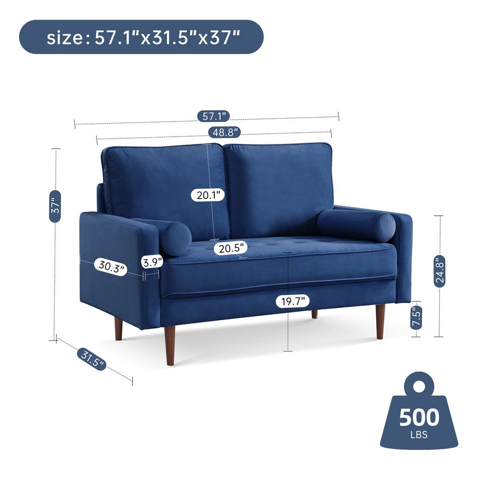 57 Inch Wide Upholstered Two Cushion Loveseat with Bolster Pillows