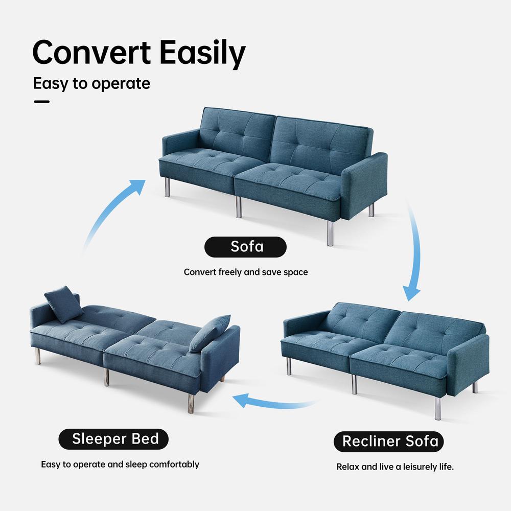 Tufted Futon Convertible Sofa Sleeper with Two Throw Pillows