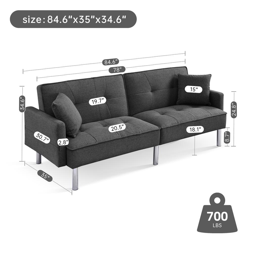 Tufted Futon Convertible Sofa Sleeper with Two Throw Pillows