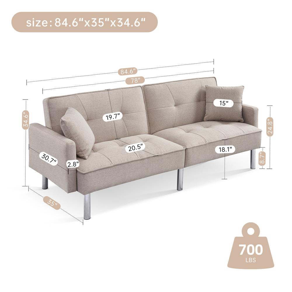 Tufted Futon Convertible Sofa Sleeper with Two Throw Pillows