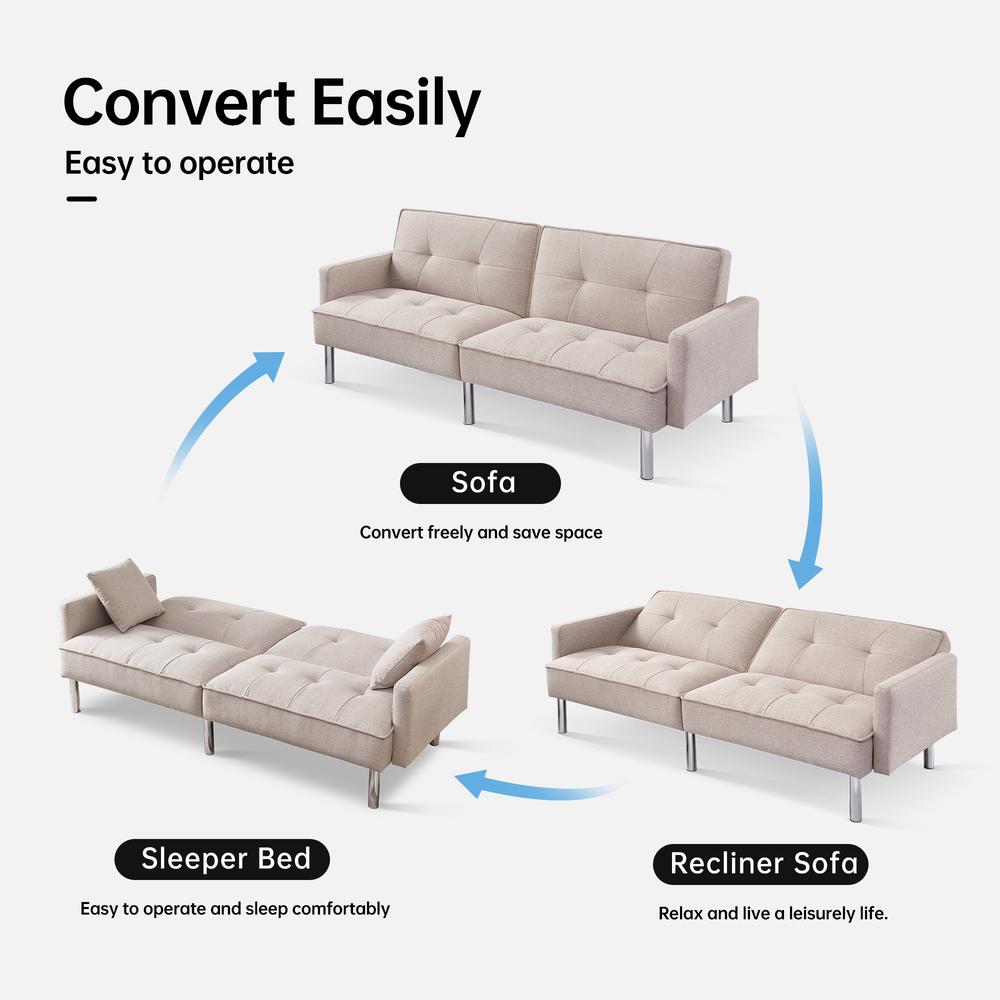 Tufted Futon Convertible Sofa Sleeper with Two Throw Pillows