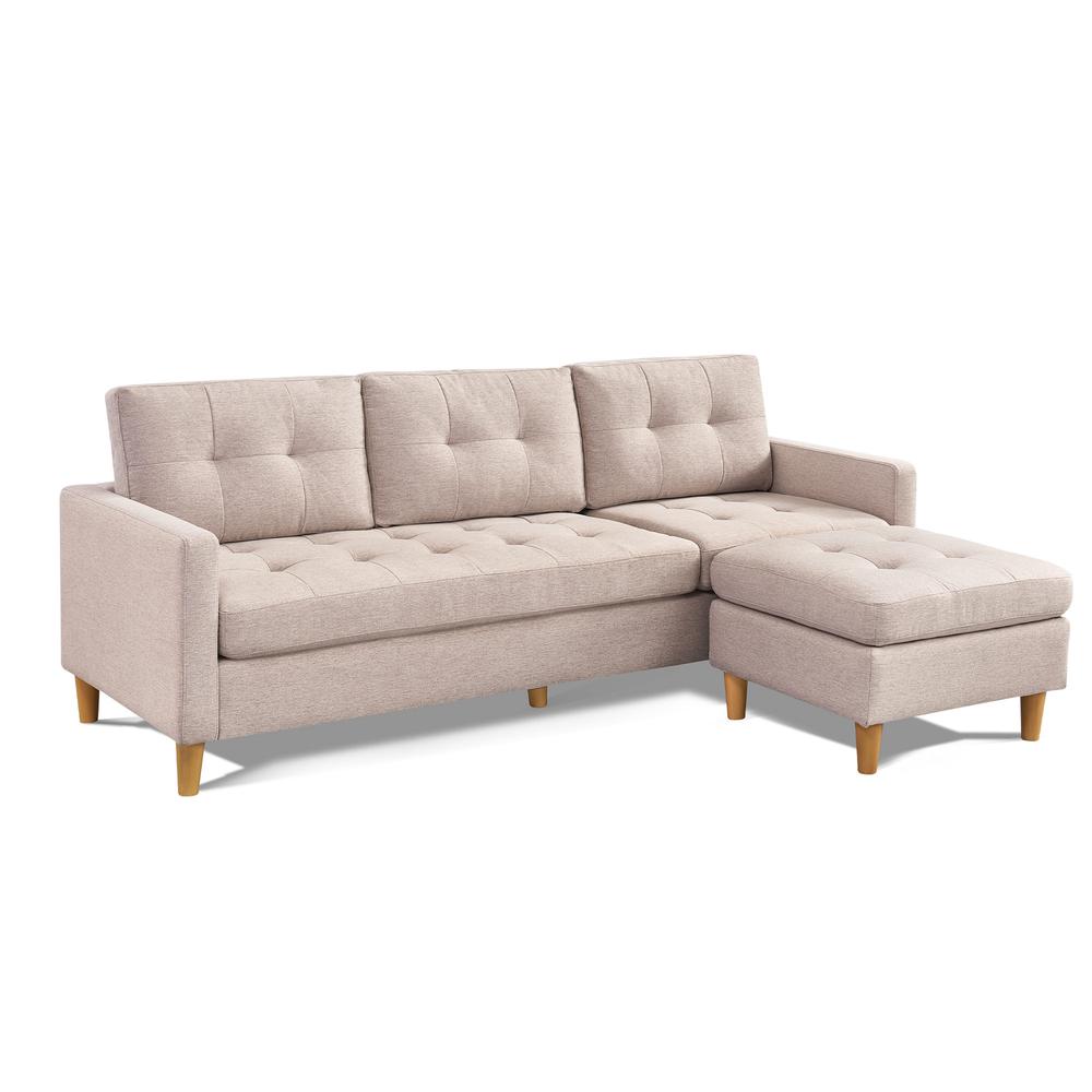 Two Piece Upholstered Tufted L Shaped Sectional with Ottoman in Beige