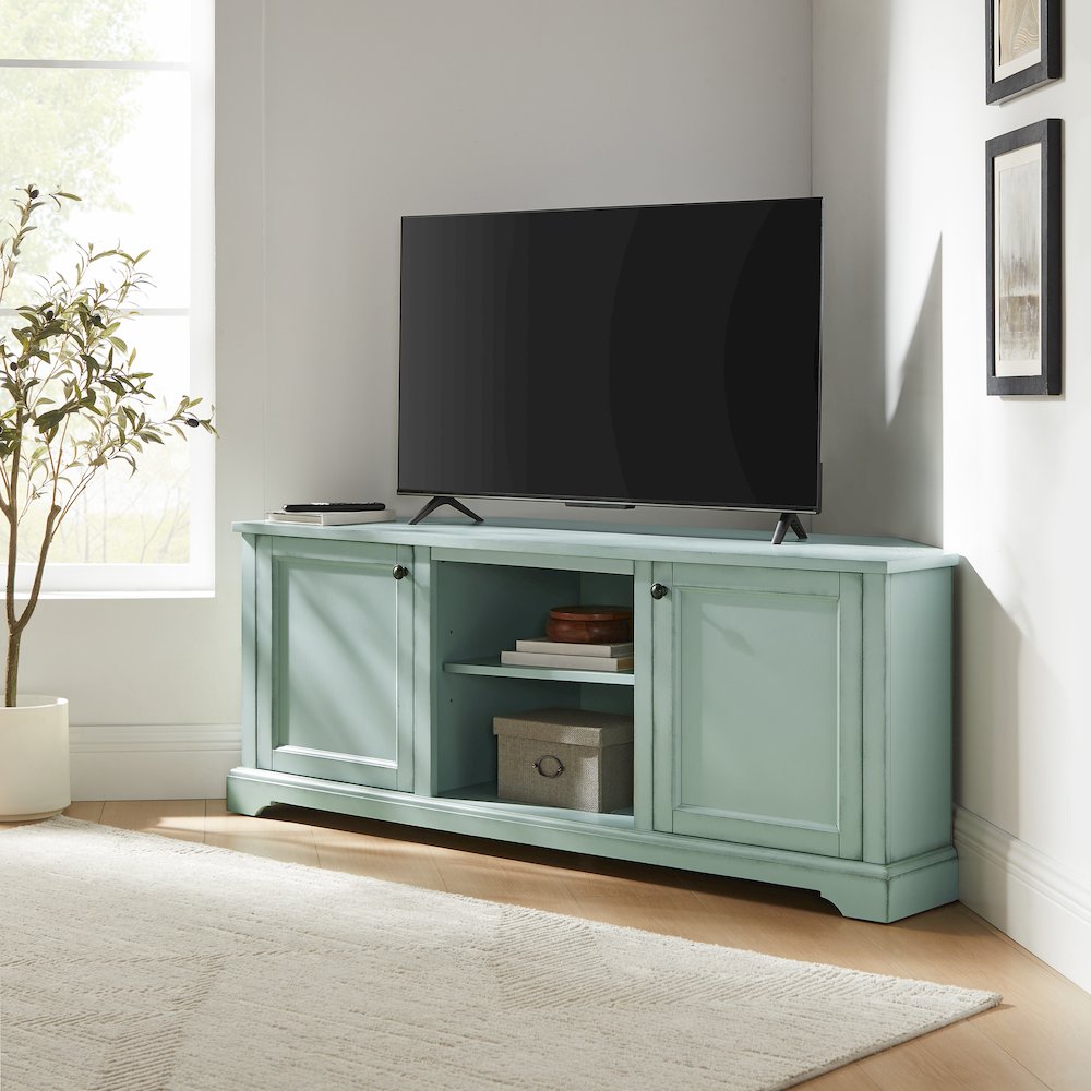 Holbrook Corner Tv Stand For 65″ Inch Tv Distressed Seafoam Blue