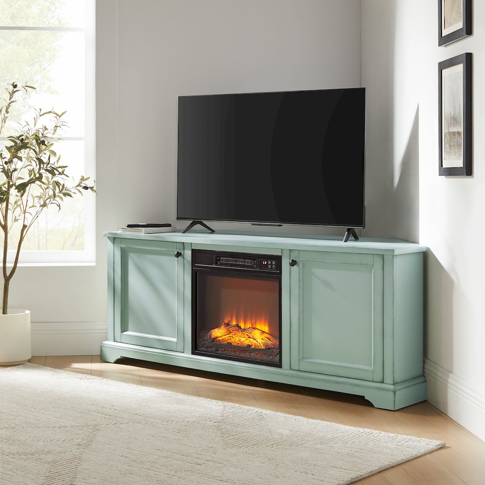 Holbrook Corner Fireplace Tv Stand For 65″ Tv Distressed Seafoam Blue