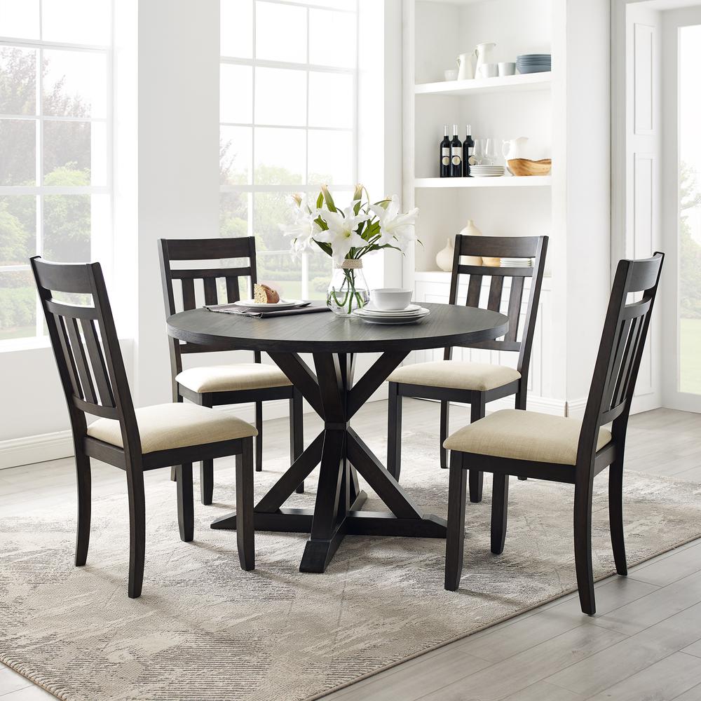 Hayden 5-Piece Round Dining Table Set For 4 – Table & 4 Slat Back Chairs