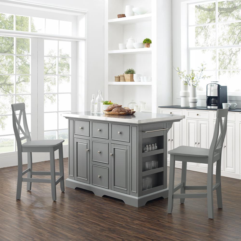 Julia Stainless Steel Top Island W/X-Back Stools – Island & 2 Stools