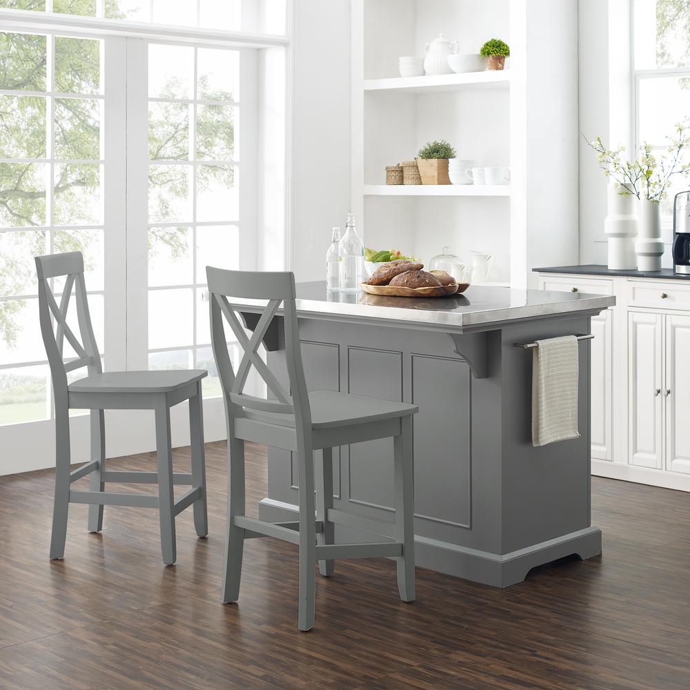 Julia Stainless Steel Top Island W/X-Back Stools – Island & 2 Stools