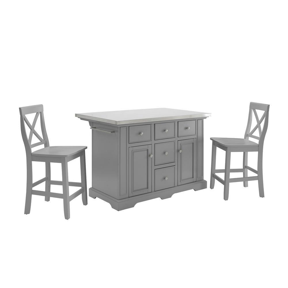 Julia Stainless Steel Top Island W/X-Back Stools – Island & 2 Stools