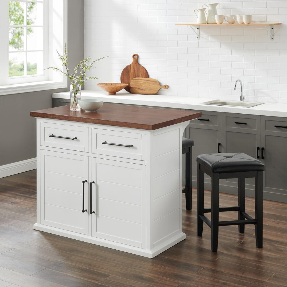 Bartlett Wood Top Kitchen Island W/Uph Square Stools – Kitchen Island & 2 Stools