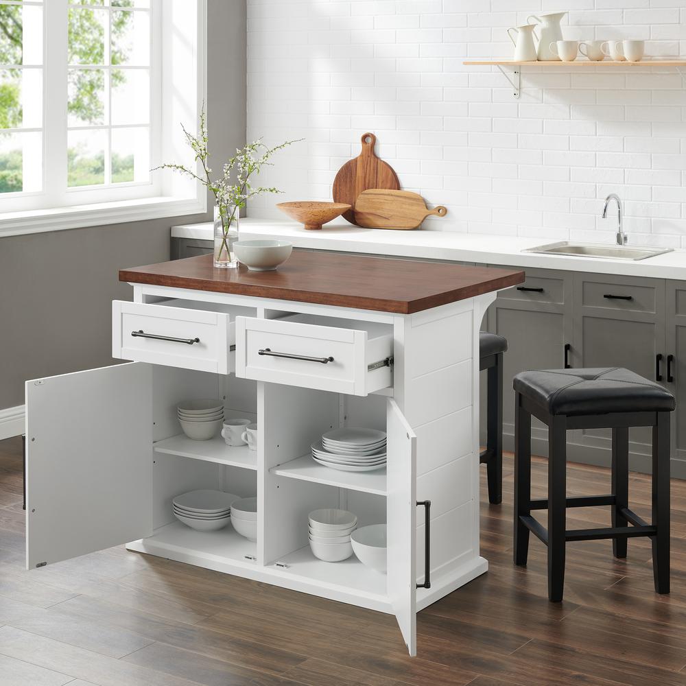 Bartlett Wood Top Kitchen Island W/Uph Square Stools – Kitchen Island & 2 Stools