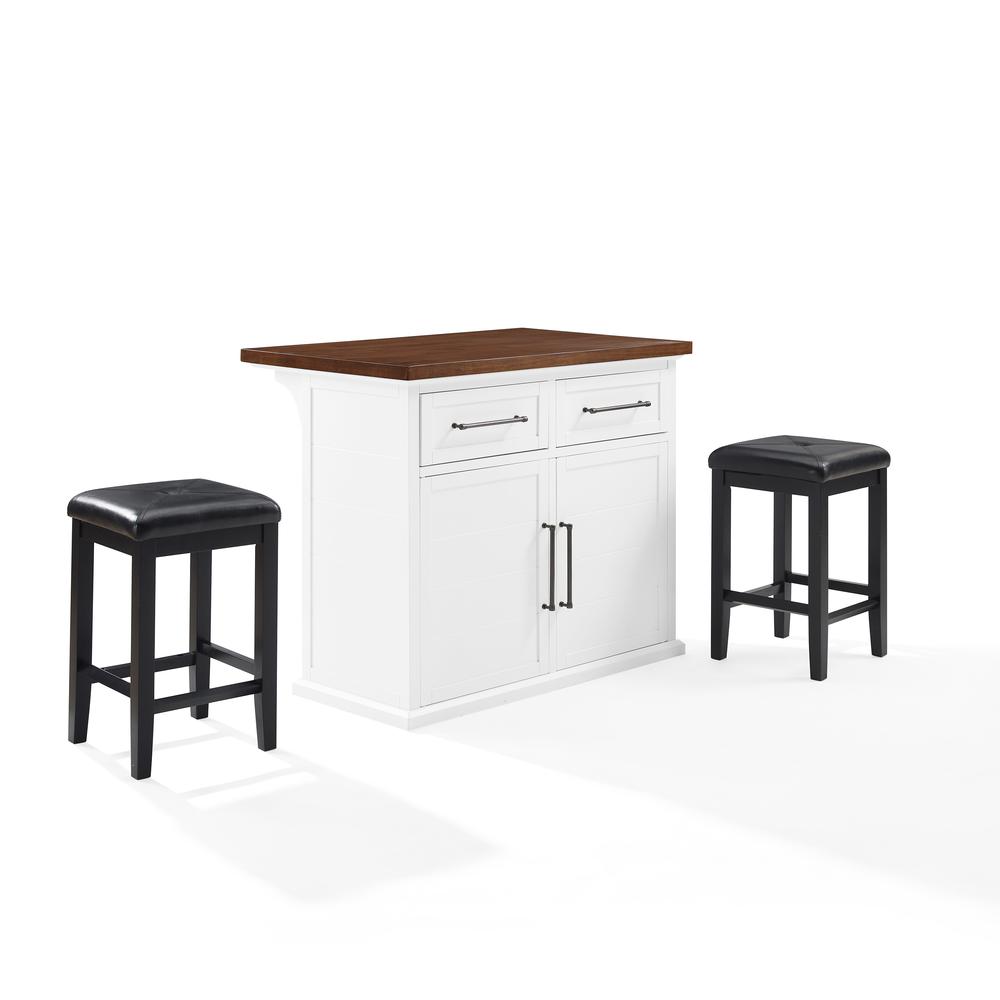 Bartlett Wood Top Kitchen Island W/Uph Square Stools – Kitchen Island & 2 Stools