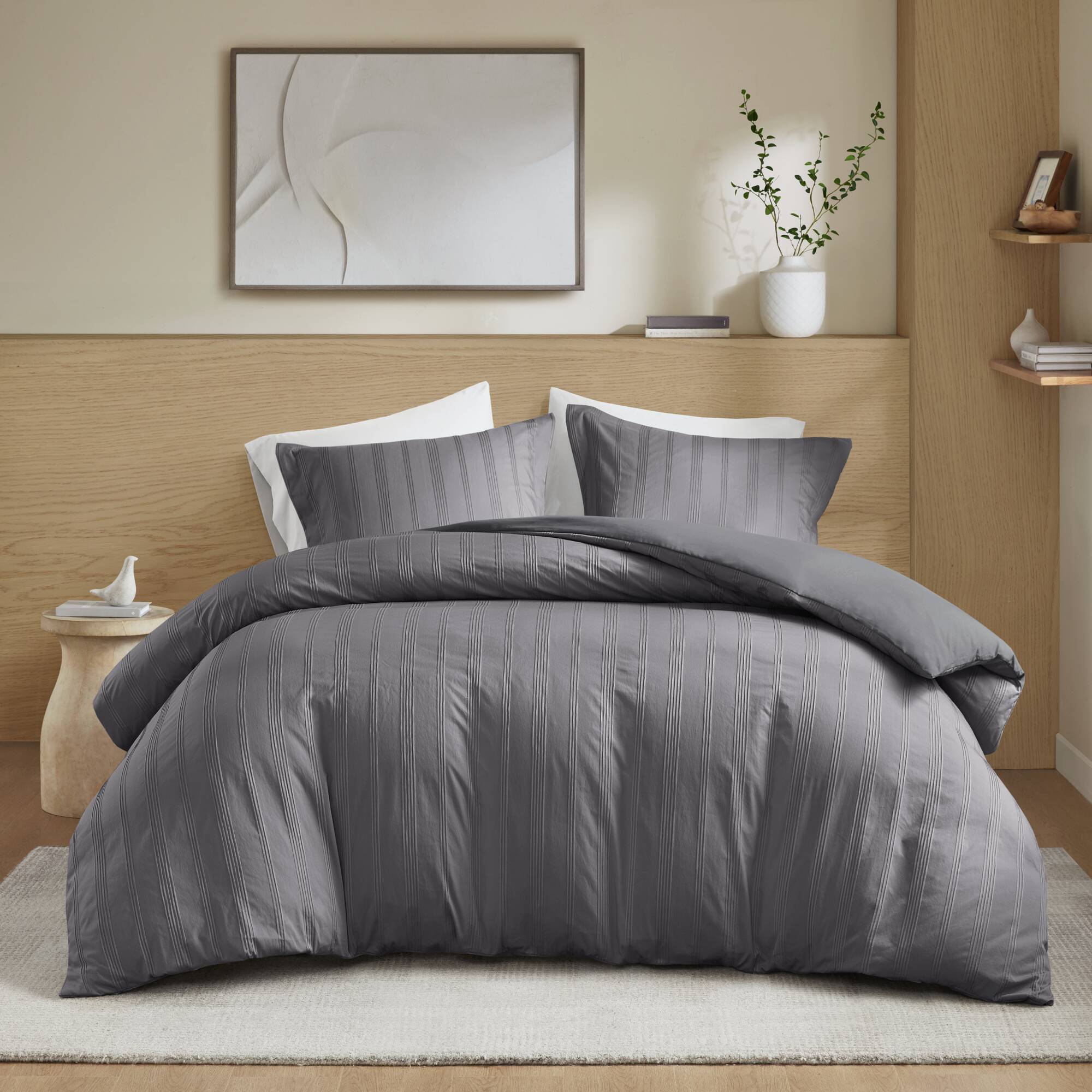 Logan Striped Reversible Pintuck Pleated Duvet Set