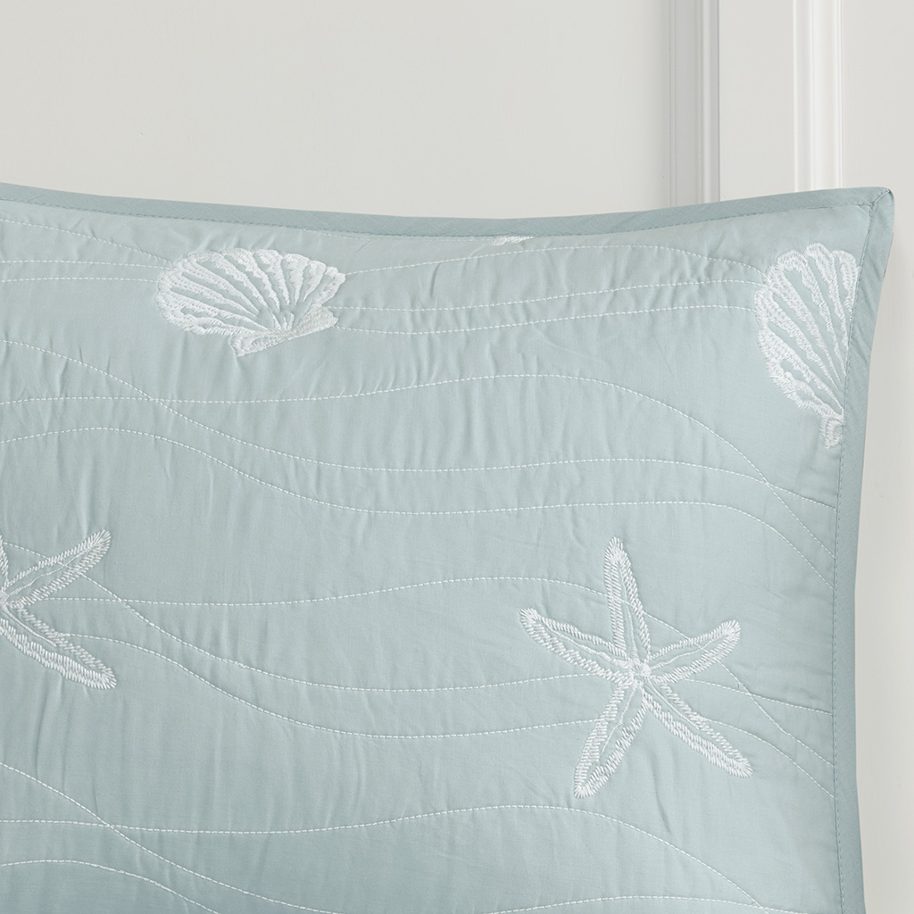 Seaside 4 Piece Cotton Reversible Embroidered Quilt Set with Throw Pillow