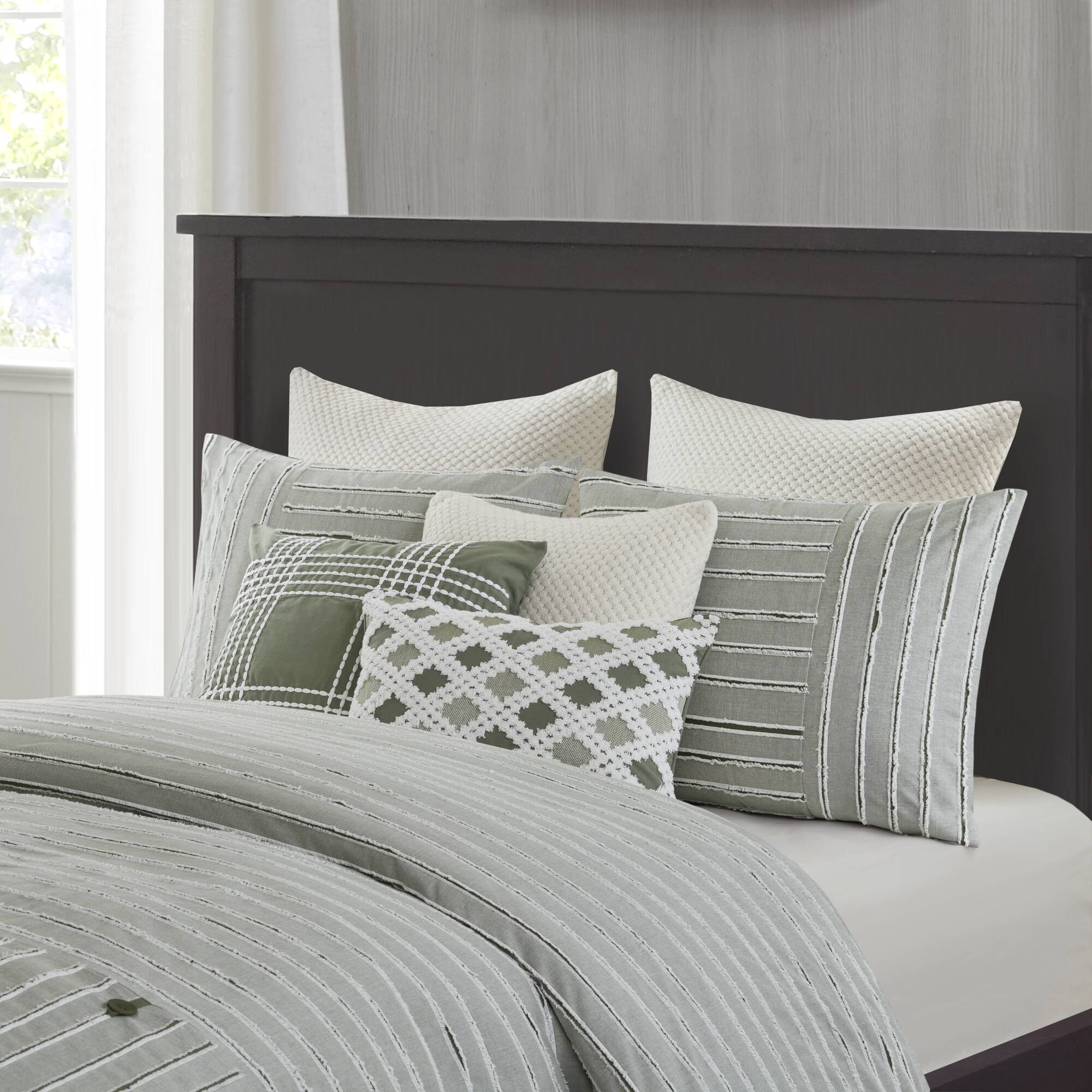 Essence Oversized Cotton Clipped Jacquard Comforter Set with Euro Shams and Throw Pillows