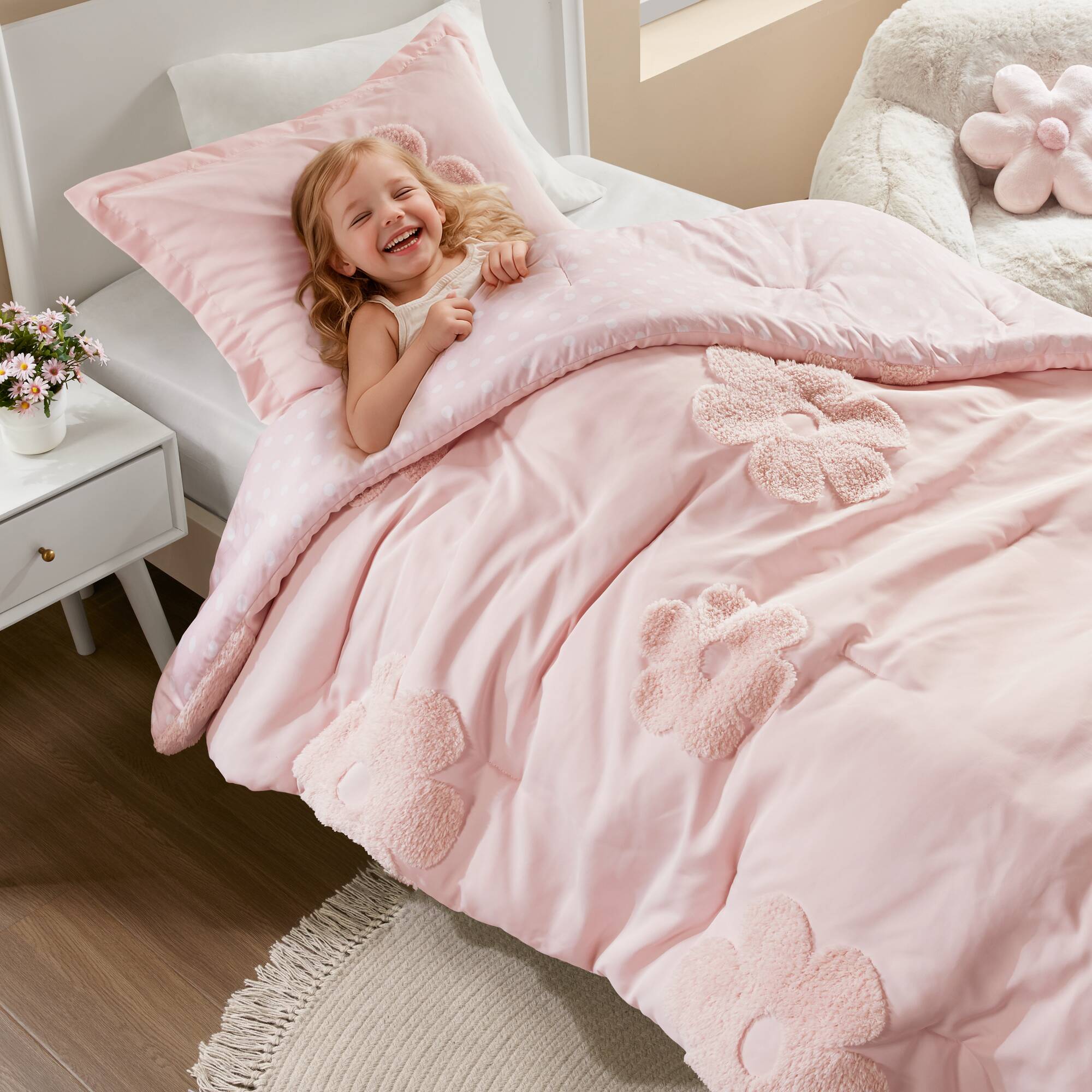 Gracie Floral Reversible Tufted Chenille Comforter Set with Flower Throw Pillow