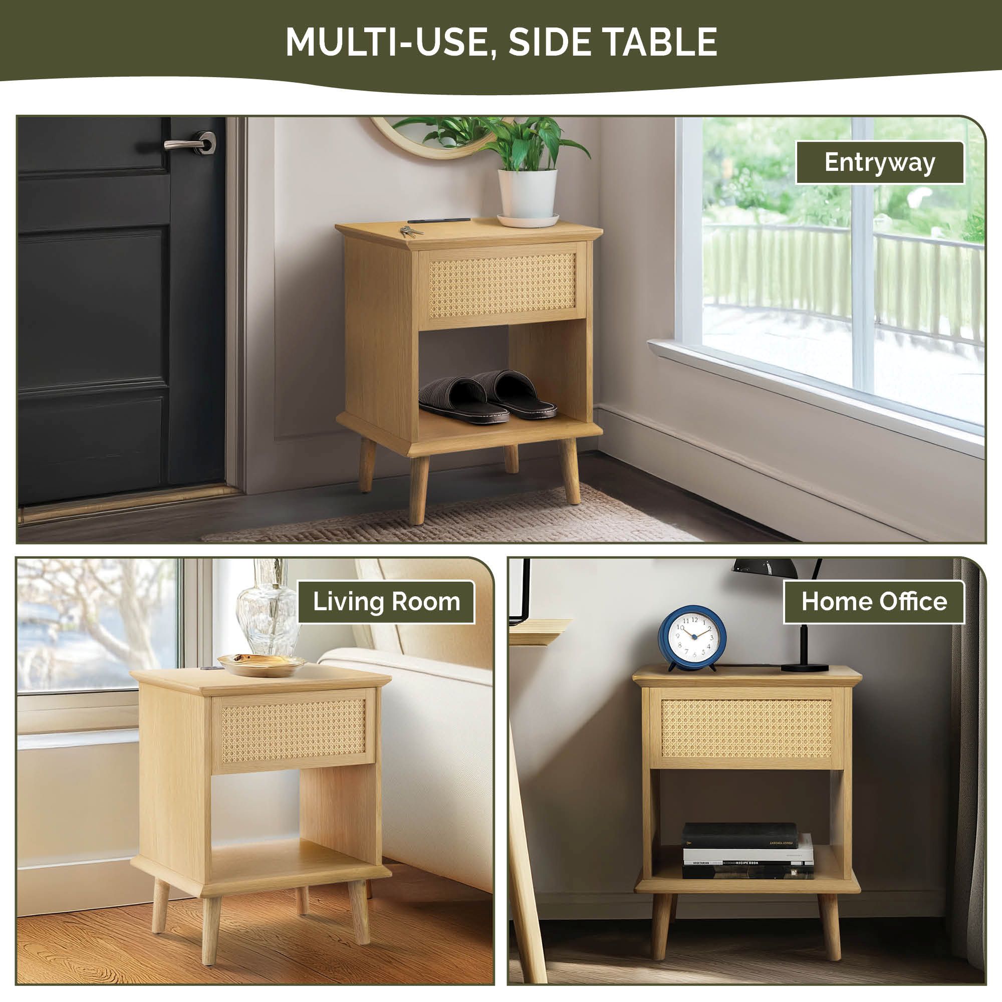 Teagan Rattan Side Table with Built-in Charging Station & LED Light