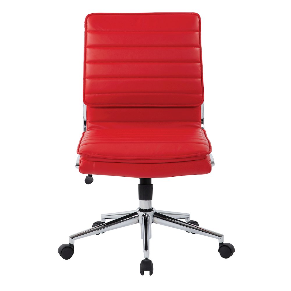 Armless Mid Back Manager’s Faux Leather Chair in Red with Chrome Base.